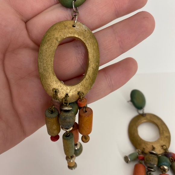 Handmade Wood Bead Dangle Eclectic Earrings Green - Picture 4 of 5